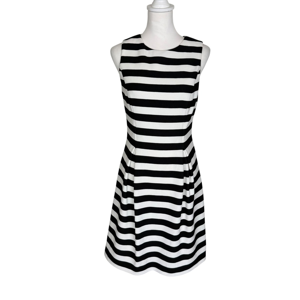 Eliza J Black White Striped Sleeveless Fit Flare Dress‎ Pink Zipper Size 8